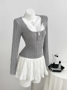Elamini Sweater Lengan Panjang Kasual Serbaguna untuk Wanita dengan Motif Patchwork Renda, Cocok untuk Penggunaan Sehari-hari - Grey - View 4