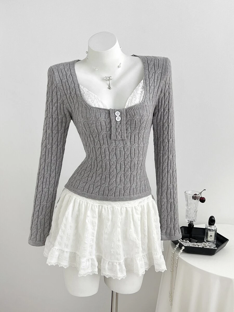 Elamini Sweater Lengan Panjang Kasual Serbaguna untuk Wanita dengan Motif Patchwork Renda, Cocok untuk Penggunaan Sehari-hari - Grey - View 1