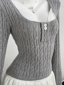 Elamini Sweater Lengan Panjang Kasual Serbaguna untuk Wanita dengan Motif Patchwork Renda, Cocok untuk Penggunaan Sehari-hari - Grey - View 6