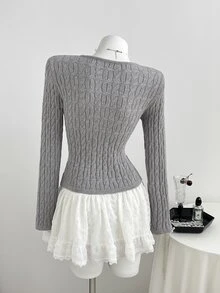 Elamini Sweater Lengan Panjang Kasual Serbaguna untuk Wanita dengan Motif Patchwork Renda, Cocok untuk Penggunaan Sehari-hari - Grey - View 2