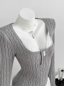 Elamini Sweater Lengan Panjang Kasual Serbaguna untuk Wanita dengan Motif Patchwork Renda, Cocok untuk Penggunaan Sehari-hari - Grey - View 5