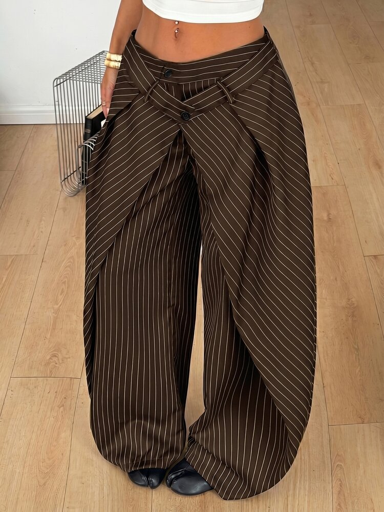 Coolane Brown Stripe Woven Striped Women's Long Pants Going Out Autumn Punk - Brown - View 4