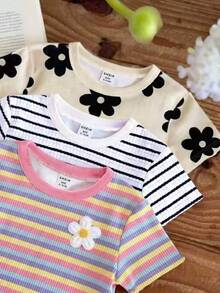 Baby Girls Simple Casual 3pcs Pieces Set Short Sleeve Top Suitable For Summer - Multicolor - View 3