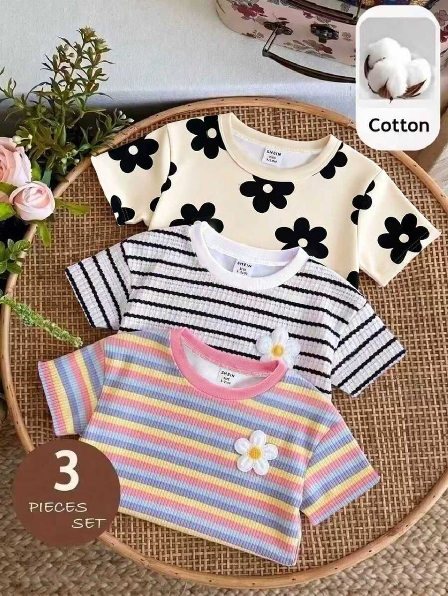 Baby Girls Simple Casual 3pcs Pieces Set Short Sleeve Top Suitable For Summer - Multicolor - View 1