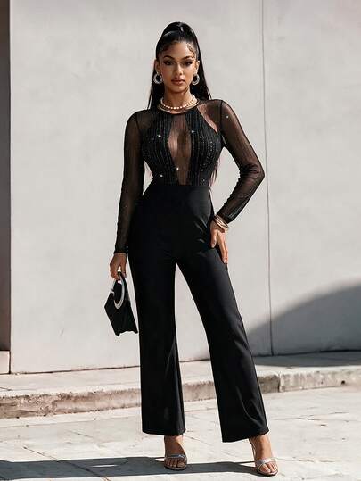 Eryvara Tuta di lusso in maglia d'argento con maniche lunghe, effetto splice, sexy e traforata