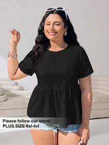 Solflare Camiseta de talla grande con bordado negro y calado, de moda para el verano - Negro - Ver 2