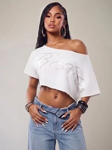 Eshe Glo Áo thun trắng oversize vai bất đối xứng đính đá, áo top trắng phong cách "Baddie" đi học, lễ hội, hip-hop, sân bay - trắng - Xem 5