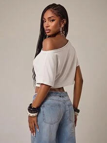 Eshe Glo Áo thun trắng oversize vai bất đối xứng đính đá, áo top trắng phong cách "Baddie" đi học, lễ hội, hip-hop, sân bay - trắng - Xem 2