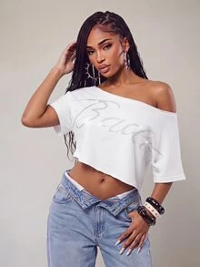 Eshe Glo Áo thun trắng oversize vai bất đối xứng đính đá, áo top trắng phong cách "Baddie" đi học, lễ hội, hip-hop, sân bay - trắng - Xem 3