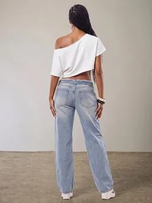 Eshe Glo Áo thun trắng oversize vai bất đối xứng đính đá, áo top trắng phong cách "Baddie" đi học, lễ hội, hip-hop, sân bay - trắng - Xem 4