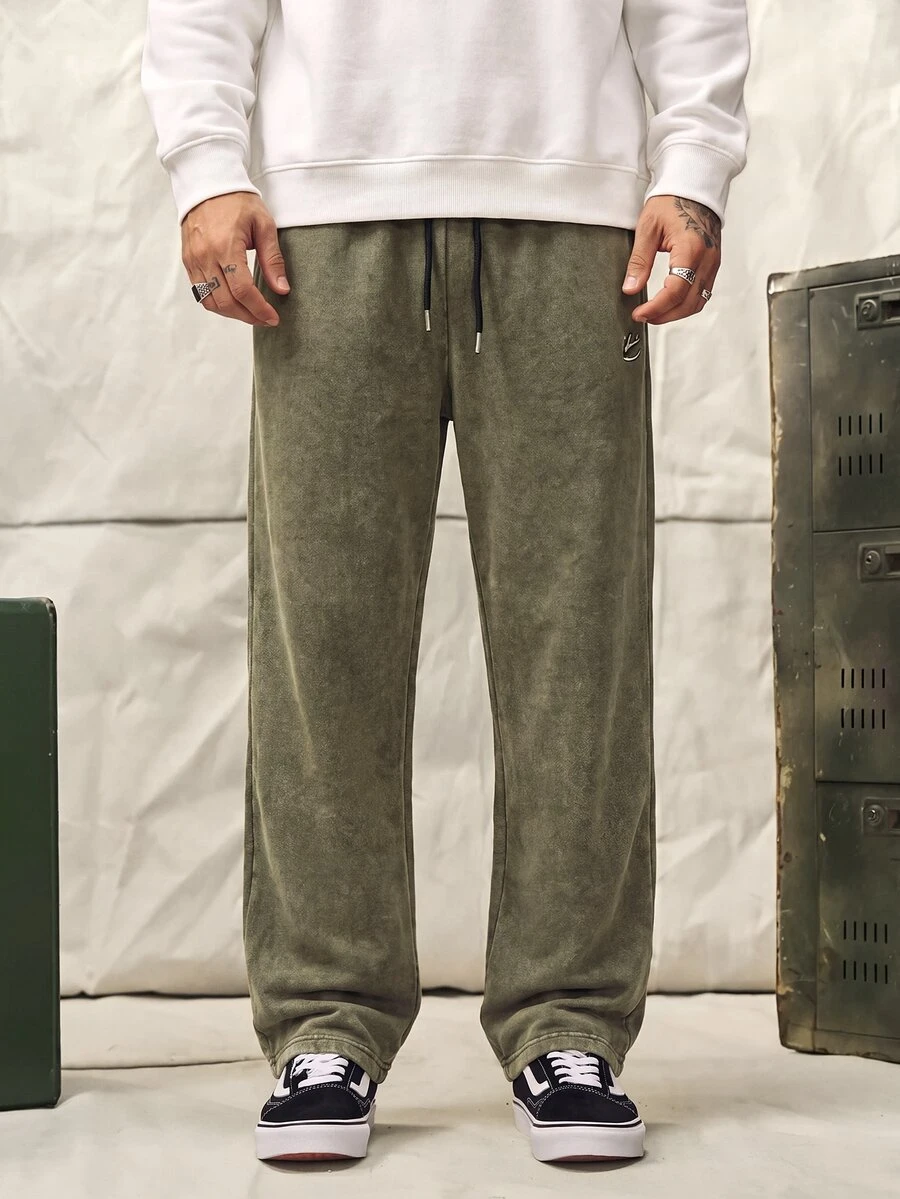 Norleigh 男士休閒寬鬆長褲,春秋夏季,標準尺寸,刺繡黑色酸洗 - 綠色 - 查看 1
