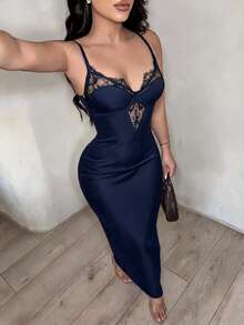 SHEIN SXY 女款純色優雅蕾絲拼接修身細肩帶洋裝 - 藏蓝色 - 查看 1