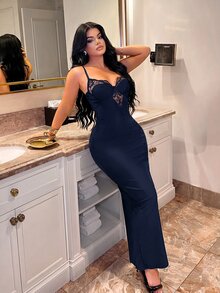 SHEIN SXY 女款純色優雅蕾絲拼接修身細肩帶洋裝 - 藏蓝色 - 查看 8
