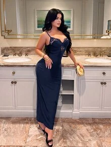 SHEIN SXY 女款純色優雅蕾絲拼接修身細肩帶洋裝 - 藏蓝色 - 查看 4