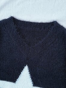 Girlism Kids Tween Girls Sweaters Fall/Winter Casual Street-Style Star-Print Drop-Shoulder Crewneck Pullover,Pull ,Autumn Outfit ,Fall Tops,Back To School - Blue and White - View 6