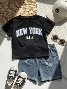 SHEIN 男女宝宝两件套休闲可爱标语印花短袖T恤和做旧牛仔短裤套装，宝宝服装，街头服饰 - 黑色 - 查看 7