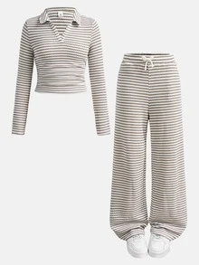 SHEIN Girlism 青少年女孩 T-Shirt 套裝 新款百搭簡約收腰抓褶修身休閒長袖 Polo 衫與長褲 2 件組，返校季 - 卡其色 - 查看 7