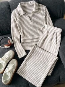 SHEIN Girlism 青少年女孩 T-Shirt 套裝 新款百搭簡約收腰抓褶修身休閒長袖 Polo 衫與長褲 2 件組，返校季 - 卡其色 - 查看 3