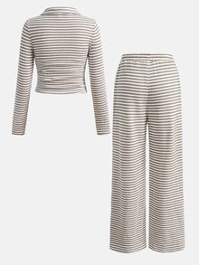 SHEIN Girlism 青少年女孩 T-Shirt 套裝 新款百搭簡約收腰抓褶修身休閒長袖 Polo 衫與長褲 2 件組，返校季 - 卡其色 - 查看 2