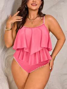 Swim Lushoire 2 piezas Conjunto de top con tirantes finos y doble volante y pantalones de cintura alta con volante para mujer talla grande, verde, para verano y vacaciones en la playa - Rosa - Ver 3