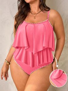 Swim Lushoire 2 piezas Conjunto de top con tirantes finos y doble volante y pantalones de cintura alta con volante para mujer talla grande, verde, para verano y vacaciones en la playa - Rosa - Ver 4