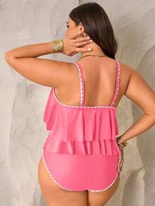 Swim Lushoire 2 piezas Conjunto de top con tirantes finos y doble volante y pantalones de cintura alta con volante para mujer talla grande, verde, para verano y vacaciones en la playa - Rosa - Ver 2