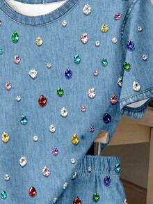 Baby Girl Round Neck Colorful Rhinestone Short Sleeve Top And Shorts Casual Daily Outfit - Multicolor - View 4