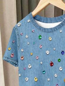 Baby Girl Round Neck Colorful Rhinestone Short Sleeve Top And Shorts Casual Daily Outfit - Multicolor - View 3