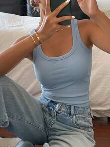 DAZY 女款素色修身休閒度假夏季背心上衣 - 藍色 - 查看 4