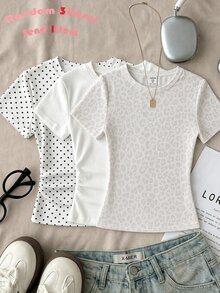 SHEIN Teen Girls Casual Minimalist Leopard Print Fitted Crew Neck Short Sleeve High Waist Cropped Regular T-Shirt Suitable For Summer - Multicolor - View 1
