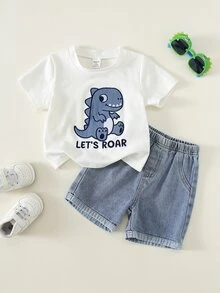 SHEIN 2件套幼儿男女宝宝休闲可爱恐龙刺绣短袖T恤和牛仔短裤套装，男宝宝服装，男宝宝夏季服装，街头服饰 - 藍色 - 查看 4