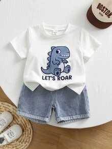 SHEIN 2件套幼儿男女宝宝休闲可爱恐龙刺绣短袖T恤和牛仔短裤套装，男宝宝服装，男宝宝夏季服装，街头服饰 - 藍色 - 查看 3