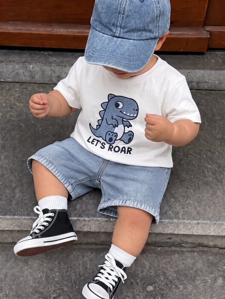 SHEIN 2pcs Toddler Unisex Baby Boy/Girl Casual Cute Dinosaur Embroidered Short Sleeve T-Shirt And Denim Shorts Set,Boy Outfit,Summer Clothes,Streetwear - Blue - View 9