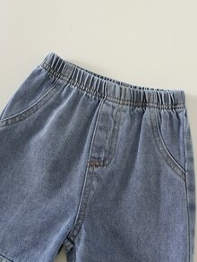 SHEIN 2件套幼儿男女宝宝休闲可爱恐龙刺绣短袖T恤和牛仔短裤套装，男宝宝服装，男宝宝夏季服装，街头服饰 - 藍色 - 查看 8
