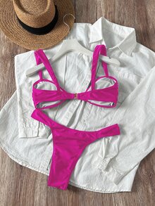 Swim SXY 2 件套女士性感度假沙滩装，纯色贝壳金属优雅度假粉色比基尼套装，适合夏季 - 玫紅色 - 查看 2