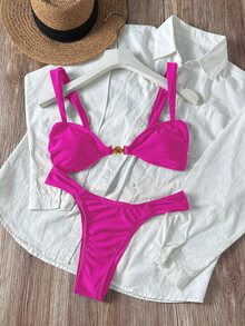 Swim SXY 2 件套女士性感度假沙滩装，纯色贝壳金属优雅度假粉色比基尼套装，适合夏季 - 玫紅色 - 查看 7