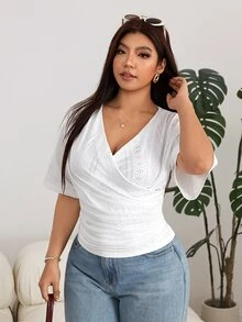 Solflare Plus Size Women's Overlap V-Neck Short Sleeve Ruched Casual Elegant T-Shirt Beach Formal Evening Vacation White Summer - White - View 5