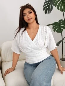 Solflare Plus Size Women's Overlap V-Neck Short Sleeve Ruched Casual Elegant T-Shirt Beach Formal Evening Vacation White Summer - White - View 6