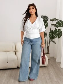 Solflare Plus Size Women's Overlap V-Neck Short Sleeve Ruched Casual Elegant T-Shirt Beach Formal Evening Vacation White Summer - White - View 4