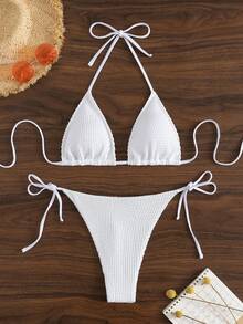 SHEIN Swim Summer Beach Textured Halter Triangle Bra & Tie Side V-String Bottom 2 Piece Bathing Suit - White - View 4