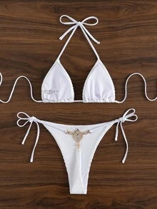 SHEIN Swim Summer Beach Textured Halter Triangle Bra & Tie Side V-String Bottom 2 Piece Bathing Suit - White - View 2