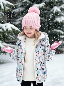 SHEIN Young Girl Young Girl Young Girl Girls' Floral Young Girl Print Long Sleeve Fuzzy Warm Jacket, Comfortable Casual Winter Fall - Multicolor - View 2