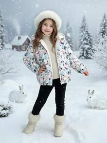 SHEIN Young Girl Young Girl Young Girl Girls' Floral Young Girl Print Long Sleeve Fuzzy Warm Jacket, Comfortable Casual Winter Fall - Multicolor - View 3