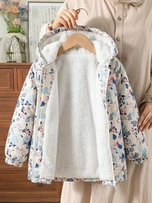 SHEIN Young Girl Young Girl Young Girl Girls' Floral Young Girl Print Long Sleeve Fuzzy Warm Jacket, Comfortable Casual Winter Fall - Multicolor - View 1