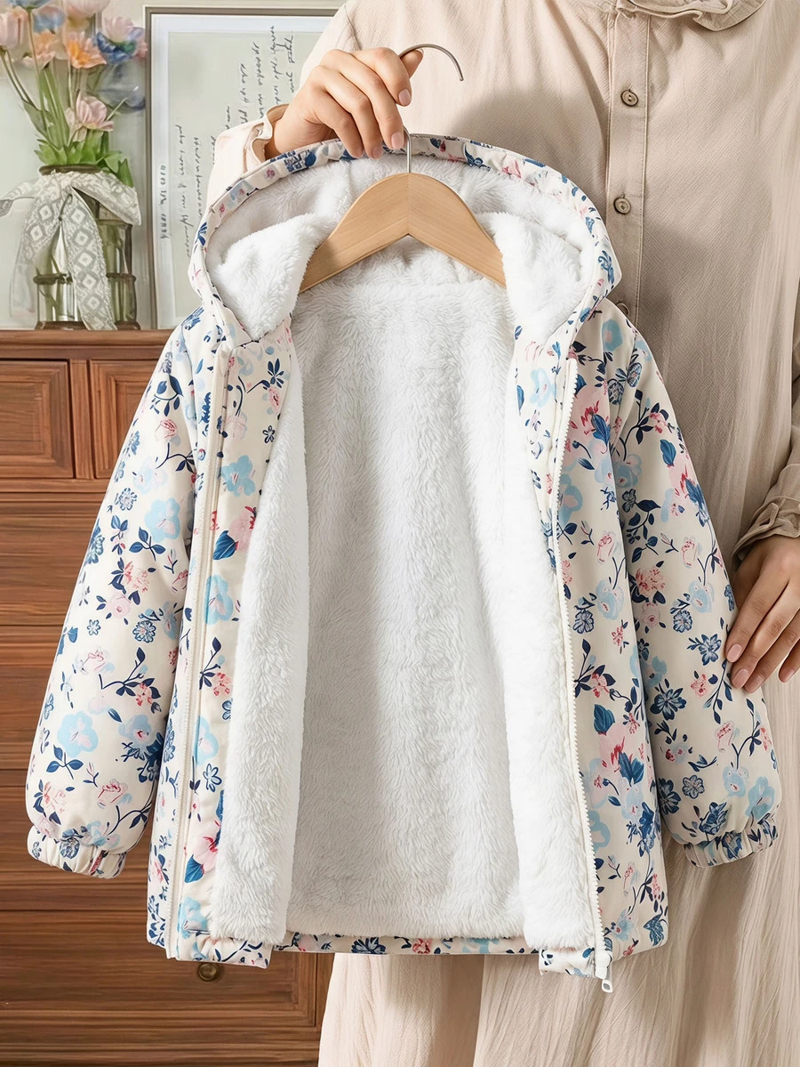 SHEIN Young Girl Young Girl Young Girl Girls' Floral Young Girl Print Long Sleeve Fuzzy Warm Jacket, Comfortable Casual Winter Fall - Multicolor - View 1