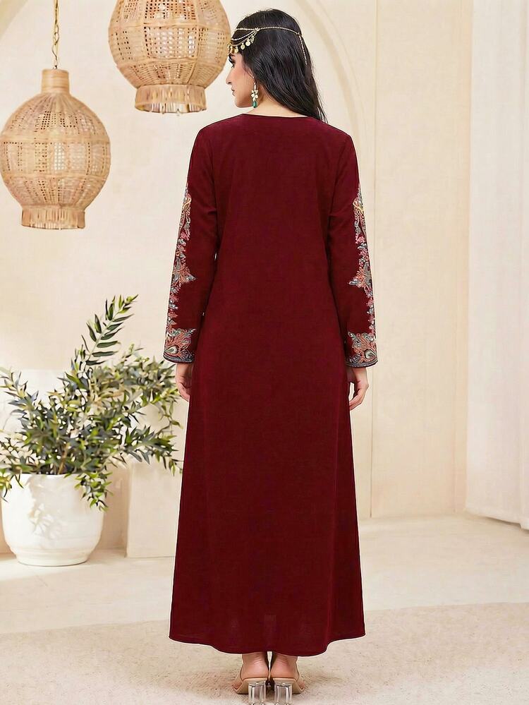 SHEIN Elegant Teen Girl Jalabiya,Gold Floral Embroidered Long Sleeve Arabic Dress,Winter Modest Kaftan,Party Abaya For & Al-Adha Casual Wear - Multicolor - View 5