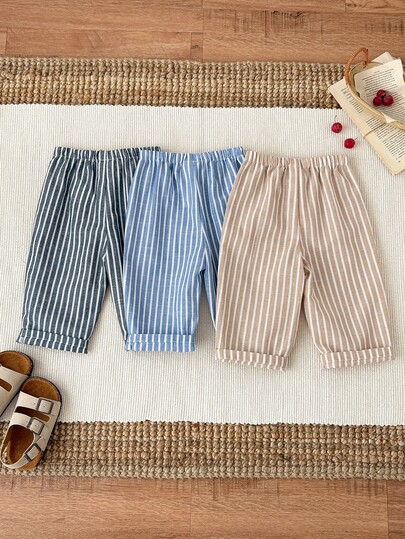 SHEIN 3pcs/Set Unisex Baby Clothes, Baby Boy Casual Cute Versatile Striped Ribbon Decor Elastic Waist Pants Set Baby Trousers Baby Boy Striped Pants