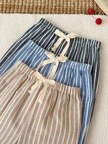 SHEIN 3件套男女宝宝通用服装，男宝宝休闲可爱百搭条纹缎带装饰松紧腰裤套装 - 彩色 - 查看 6