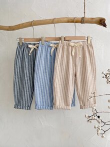 SHEIN 3件套男女宝宝通用服装，男宝宝休闲可爱百搭条纹缎带装饰松紧腰裤套装 - 彩色 - 查看 9