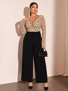 Cravure Plus Size Beige Lace Jumpsuit, Elegant Curve-Flattering Cocktail Brunch Evening Wear, Wide Leg Long, Autumn/Winter Style Fall Party - Multicolor - View 8